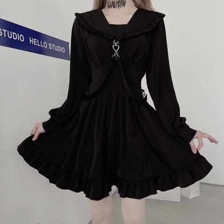 【2カラー】 ワンピース フリル襟 ストラップ ハイウエスト Aライン 長袖 韓国ファッション レディース 大人可愛い ガーリー フェミニン ゴシック 暗黒系 DTC-624472065156