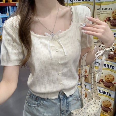 ニット tシャツ リボン レース ショート丈 薄手 スクエアネック トップス スリムフィット タイトフィット 半袖 レトロ 大人可愛い ガーリー DTCA-927556917788