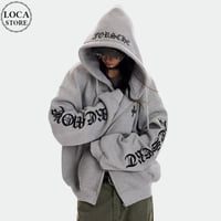 フーディー 袖ロゴ ゴシック文字 刺繍 ワッフル ジップアップ パーカー レタリングロゴ フード付き トップス オーバーサイズ ゆったり 長袖 レトロ カジュアル DTCA-979234521778
