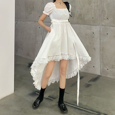 ワンピース アシンメトリー フィッシュテール ベルト パフ袖 韓国ファッション レディース 前後丈違い バブルスリーブ スクエアネック Aライン シンプル ガーリー DTC-615631705251