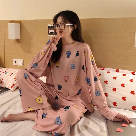【ルームウェア】 パジャマ セットアップ トップス + パンツ プリント ラウンドネック 上下セット 長袖 韓国ファッション レディース 625829795764
