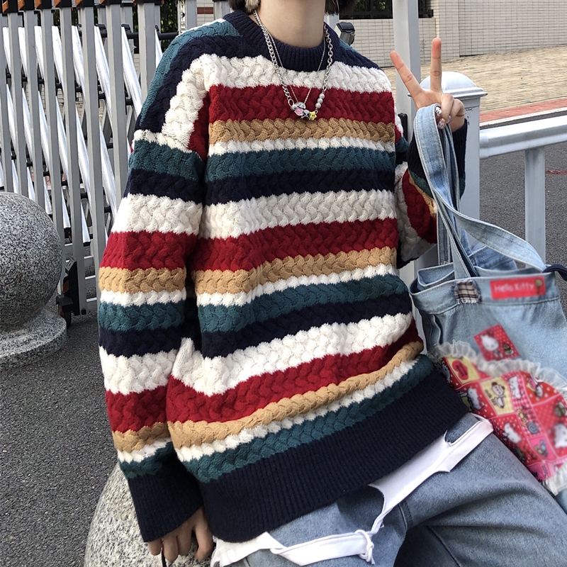 ニット セーター レインボー マルチカラー ツイストロープ 厚手