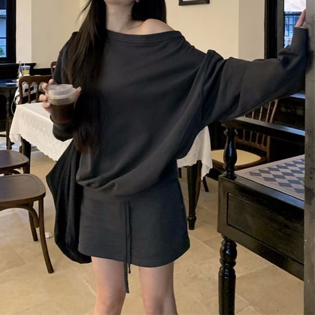 スウェット セットアップ トレーナー オフショルダー トップス キュロットパンツ ショートパンツ ルーズ 長袖 レトロ 韓国ファッション レディース DTC-827941501906