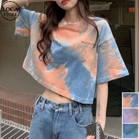 【3カラー】  Tシャツ タイダイ柄 半袖 クロップド丈 ショート丈 へそ出し 絞り染め カジュアル 韓国ファッション レディース 韓国ストリートファッション DTC-646013907781