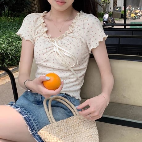 小花柄 ブラウス フリル リボン Tシャツ トップス ショート丈 スリムフィット レースアップ 半袖 レトロ 大人可愛い ガーリー カジュアル フェミニン DTCA-805742781968