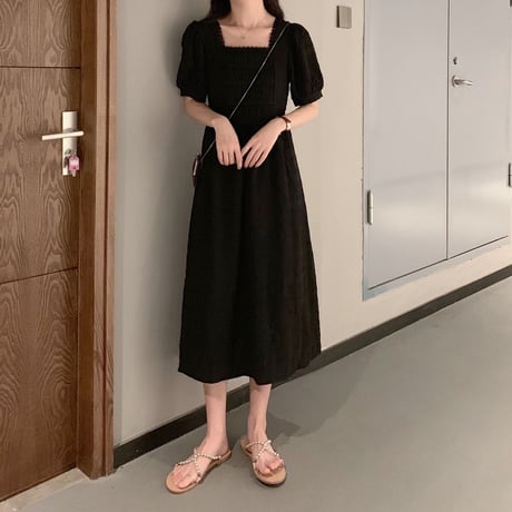 ワンピース スクエアネック 韓国ファッション レディース パフ袖 ロング丈 Aライン ハイウエスト 大人カジュアル 大人可愛い ガーリー (DTC-621926598654)