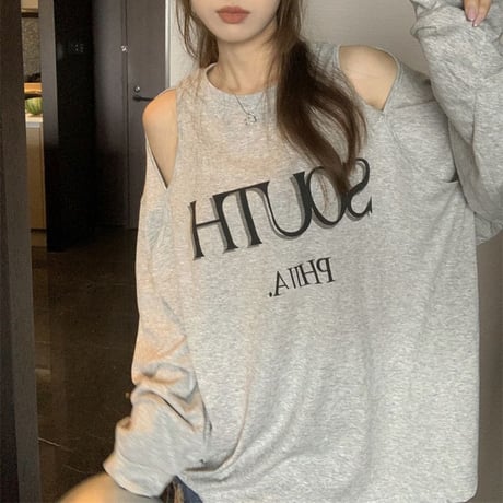 【2カラー】 Tシャツ オープンショルダー 肩開き 長袖 カットソー ショルダーカット レトロ 韓国ファッション レディース 大人可愛い ガーリー カジュアル DTC-674364573182