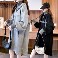フェイクレイヤード パーカー プルオーバー 裏起毛 ロング丈 フード付き スウェット ワンピース ルーズ 長袖 秋 冬 レトロ 大人可愛い ガーリー カジュアル DTC-749423286319