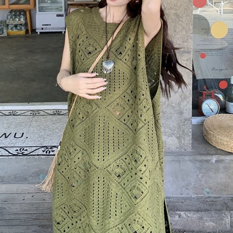 2点セット エスニックスタイル ロングニットベスト サマーニット 花柄 