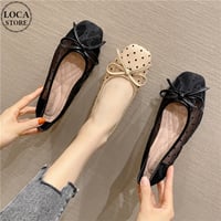 ドット柄 フラットパンプス メッシュ リボン フラットシューズ 22.5～25.5cm ローヒール パンプス 大人可愛い ガーリー 韓国ファッション レディース DTC-644142227857