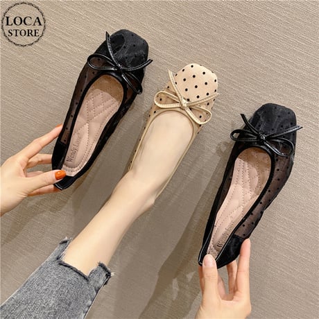 ドット柄 フラットパンプス メッシュ リボン フラットシューズ 22.5～25.5cm ローヒール パンプス 大人可愛い ガーリー 韓国ファッション レディース DTC-644142227857
