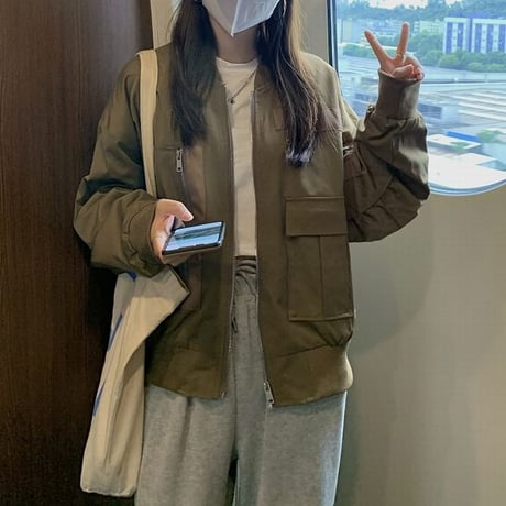 ミリタリー風 ブルゾン ジャンパー MA-1 ポケット 薄手 ルーズ 韓国ファッション レディース 大人可愛い ガーリー カジュアル 韓国ストリートファッション DTC-680499052243