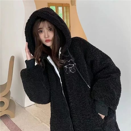 フード付き ボアブルゾン エンジェルくまちゃん 羽 フェイクラムウール ボアジャケット アウター ゆったり 長袖 レトロ 大人可愛い ガーリー カジュアル DTCA-857752590528