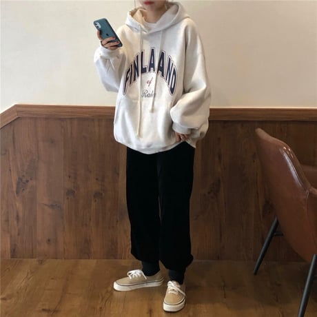 プルオーバー パーカー ルーズ プラスベルベット 英字 長袖 韓国ファッション レディース フード付き カジュアル ストリート DTC-609173851561