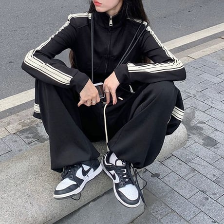 セットアップ ジャージ サイドライン トップス ワイドパンツ ジップアップ ショート丈 長袖 パンツ 韓国ファッション レディース 大人可愛い ガーリー カジュアル DTC-766005098158