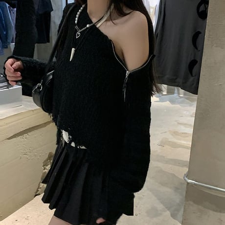 ニット ショルダージップ タッセル ショート丈 ファスナー ワンショルダー プルオーバー トップス ルーズ ゆったり 長袖 韓国ファッション レディース カジュアル DTC-684839572227
