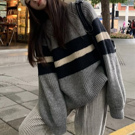 ボーダーニット リブニット ボーダー柄 ニットセーター トップス ルーズ レトロ 韓国ファッション レディース 大人可愛い ガーリー カジュアル DTC-690573774431