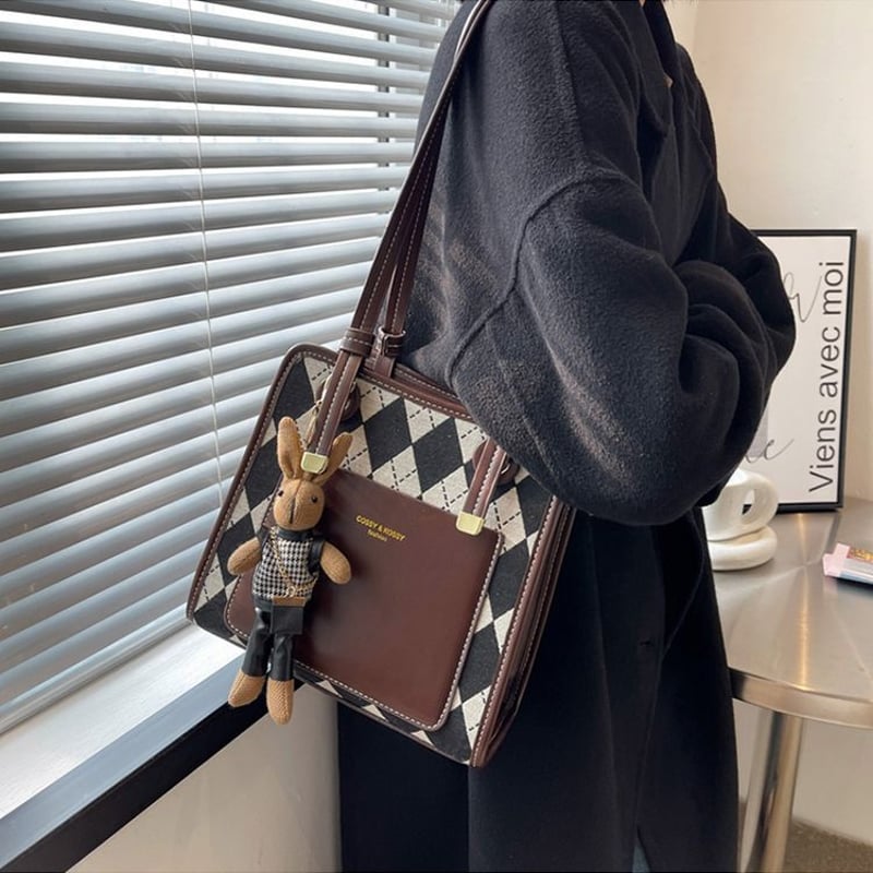 トートバッグ チェック柄 ぬいぐるみ付き ショルダーバッグ 幾何 トートバッグ チェック柄 ぬいぐるみ付き ショルダーバッグ 幾何