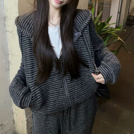 セットアップ 上下セット フリース ボーダー柄 ジップアップ パーカー ポケッ トワイドパンツ ジャージ ルーズ レトロ 大人可愛い ガーリー カジュアル DTCA-865292473430