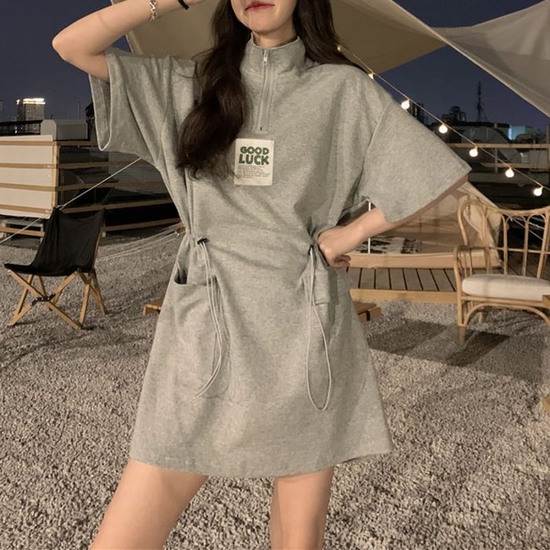 ポロワンピース ウエストマーク ジップアップ 半袖 ポケット 薄手 韓国