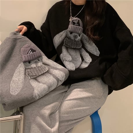 トレーナー うさぎ ラビット スウェット 厚手 オーバーサイズ 長袖 ゆったり レトロ 韓国ファッション レディース 大人可愛い ガーリー カジュアル DTC-659139065147