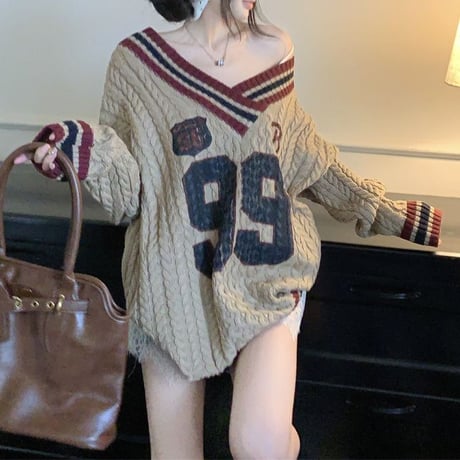 ニット ナンバーロゴ ケーブル編み 配色 Vネック オーバーサイズ トップス ヴィンテージ風 ルーズ 秋冬 レトロ 韓国ファッション レディース 大人可愛い ガーリー DTC-837535497664