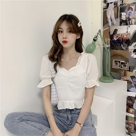 ブラウス ショート丈 半袖 韓国ファッション レディース トップス フレア レーストップス シフォン 透け感 穴あき フレアスリーブ ガーリー 619020960448