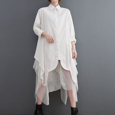 ロングシャツ シャツワンピース チュール シャツ ワンピース アシンメトリー ルーズ 長袖 レトロ 韓国ファッション レディース 大人可愛い ガーリー DTC-653970172988