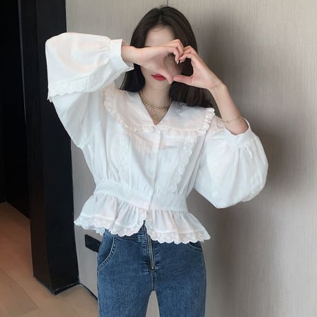 ブラウス 大きい襟 フリル 長袖 韓国ファッション レディース ショート丈 シャツ トップス 大人可愛い ガーリー DTC-625671877007