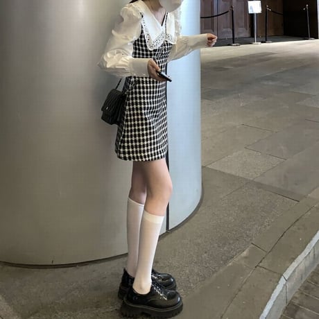 フェイクレイヤード ワンピース ドッキングワンピース  チェック柄 異素材 レース 長袖 レトロ 韓国ファッション レディース 大人可愛い ガーリー DTC-665329095387