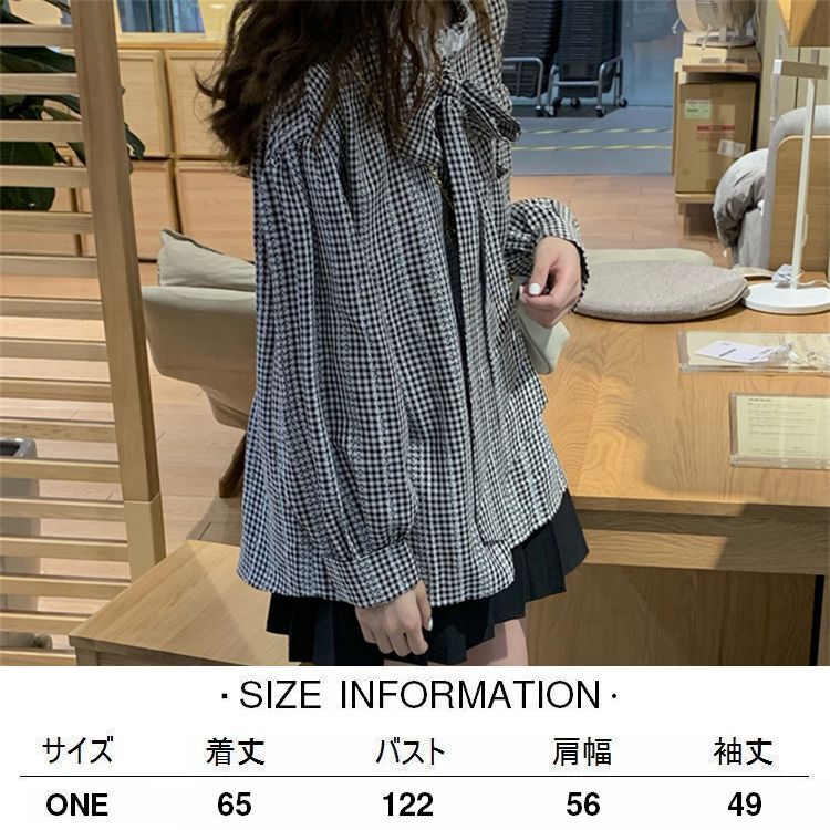 チェック柄 ブラウス ボウタイ リボン ルーズ 長袖 レトロ 韓国  