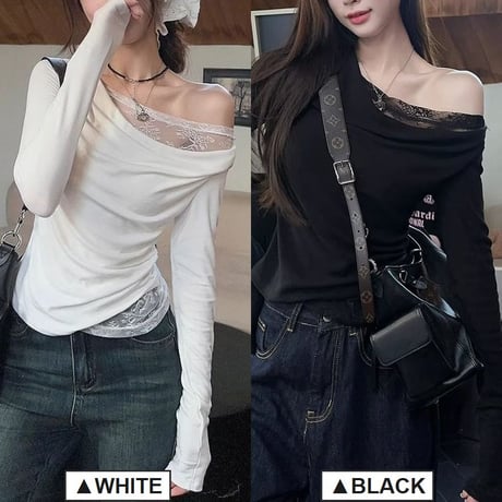 レース付き Tシャツ ワンショルダー スリムフィット ロンT トップス カットソー 長袖 レトロ 大人可愛い ガーリー DTCA-849082361382