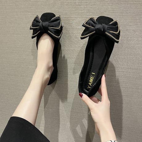 パンプス リボン 22.5～25.0cm フラットシューズ ローヒール 無地 ヒョウ柄 レオパード スクエアトゥ 歩きやすい 美脚 韓国ファッション レディース DTC-666813367025