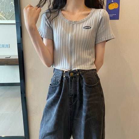 半袖 リブニット クロップド丈 フロントジップ カットソー 韓国ファッション レディース トップス ショート丈 ジップアップ 大人可愛い ガーリー カジュアル DTC-639071170780