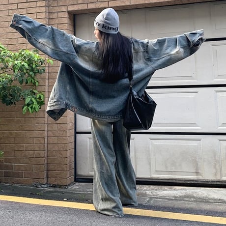 セットアップ デニムジャケット デニムパンツ ウォッシュ加工 オーバーサイズ Gジャン ジーパン デニム レトロ 韓国ファッション レディース 大人可愛い ガーリー DTC-769538222015