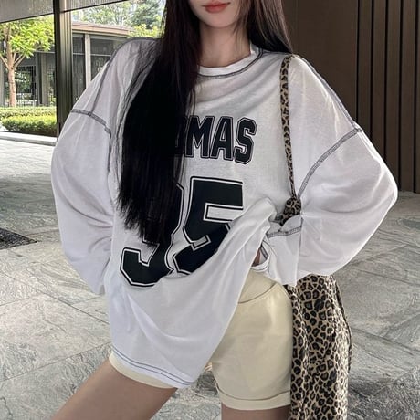 Tシャツ 長袖 ナンバリング レタープリント ロンT ワンショルダー オーバーサイズ トップス ルーズ レトロ 韓国ファッション レディース 大人可愛い ガーリー DTCA-861844447756