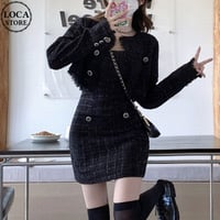 セットアップ 上下セット ツイード風 タッセル ショートジャケット キャミワンピース 長袖 レトロ 韓国ファッション レディース 大人可愛い ガーリー DTCA-981138031390