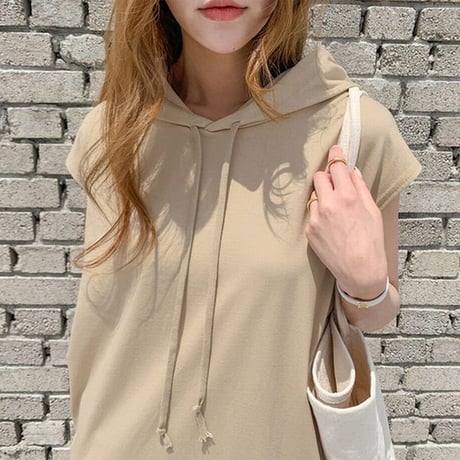 【Naning9】レディース フード付きロングワンピース ゆったりシルエット パーカー 半袖 フェミニン 韓国ファッション (DCT-595218014817)