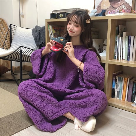 ルームウェア 4カラー  パジャマ セットアップ ラムウール トップス + パンツ 長袖 上下セット 韓国ファッション レディース 厚手 ガーリー 627726861742