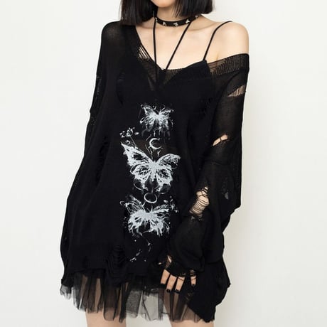 ダメージニット バタフライ グラフィティ プリント 薄手 Vネック ダメージ加工 ニット トップス ゆったり 長袖 レトロ 大人可愛い ガーリー カジュアル DTCA-922603817995