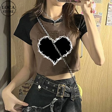 クロップド丈 Tシャツ 有刺鉄線 ハート ラグランスリーブ スリムフィット へそ出し 半袖 レトロ 韓国ファッション レディース 大人可愛い ガーリー DTC-715452073111