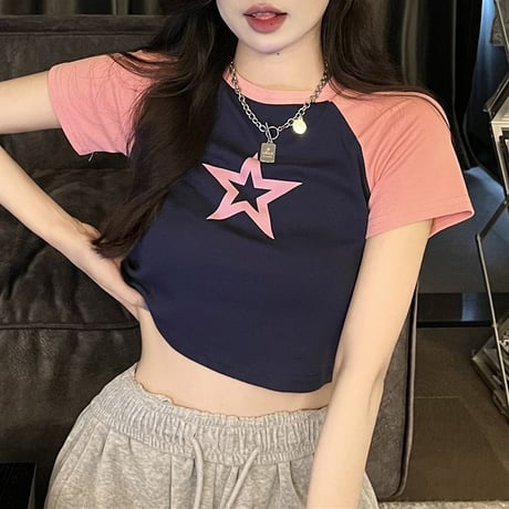 【3カラー】 クロップド丈 Tシャツ スター 星 ラグランスリーブ スリムフィット へそ出し 半袖 レトロ 韓国ファッション レディース 大人可愛い ガーリー DTC-786257392285