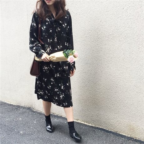 レディース リボン 花柄ワンピース ロング丈 ボウタイ フェミニン 韓国ファッション オルチャン (DCT-575431180054)