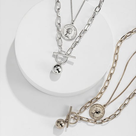 2点セット ネックレス チェーン付き コイン Tバー ペンダント アクセサリー 合金 シンプル DTC-618874289625