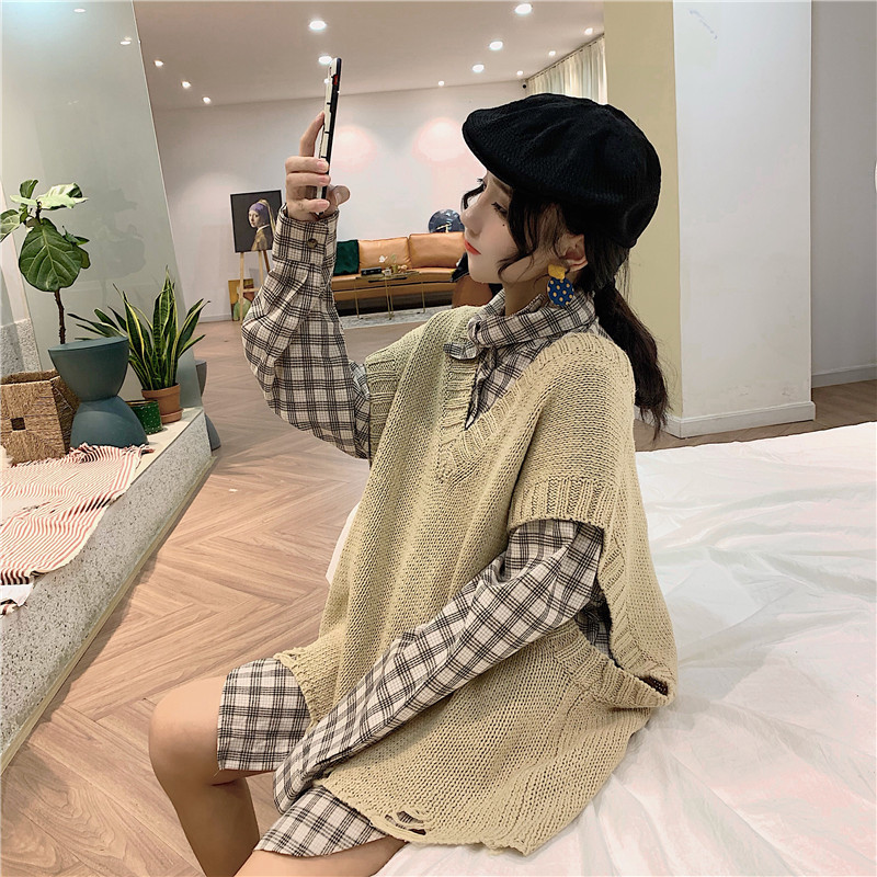 セットアップ チェック柄シャツ ダメージ加工 ニットベスト ルーズ
