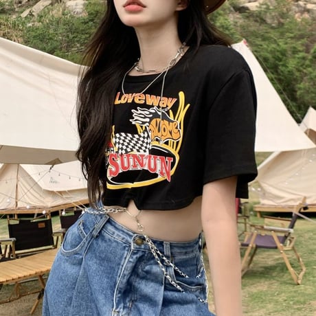 クロップド丈 Tシャツ トップス へそ出し チェーン付き 半袖 ルーズ カットソー ショート丈 韓国ファッション レディース 大人可愛い ガーリー カジュアル DTC-643229484723