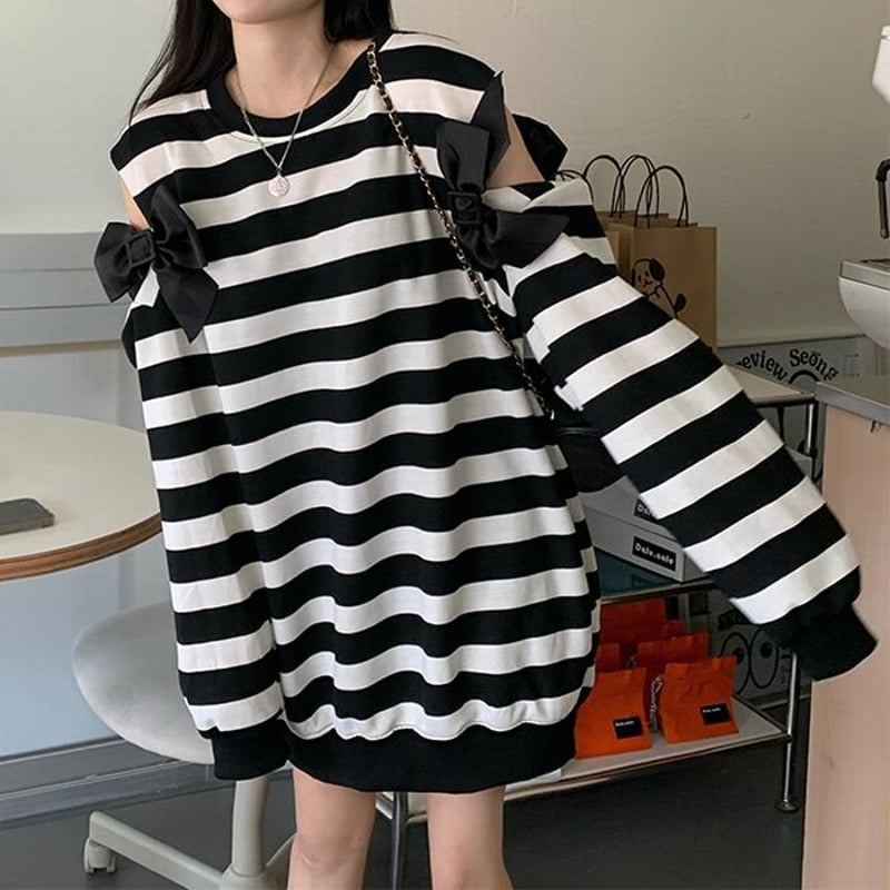 オープンショルダー トップス ショルダーリボン ボーダー柄 トレーナー  