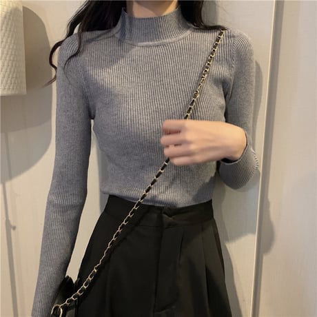 【2枚セット】 全9カラー組み合わせ自由 ニット スリムフィット ハーフハイネック スリムニット リブニット 長袖 レトロ 大人可愛い ガーリー DTC-661710290179