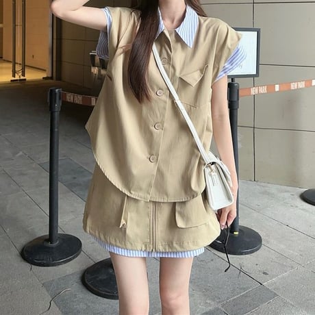 セットアップ 上下セット フェイクレイヤード トップス シャツ スカート ストライプ ルーズ ハイウエスト レトロ 韓国ファッション レディース 大人可愛い ガーリー DTC-801334818769