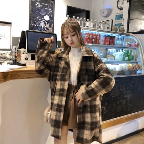 チェックコート シングルブレスト 韓国 ファッション レディース コート チェック柄 アウター ウールコート シングルブレスト レトロ (DTC-603665766891)
